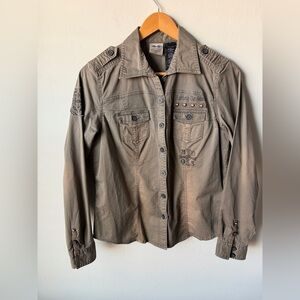 Harley-Davidson Women's Button Up Top Gray/ Tan Long Sleeve Rock Grunge Edgy